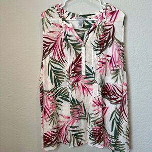 Catherines White Green Pink Vibrant Palm Print Sleeveless Blouse - Size 2X EUC